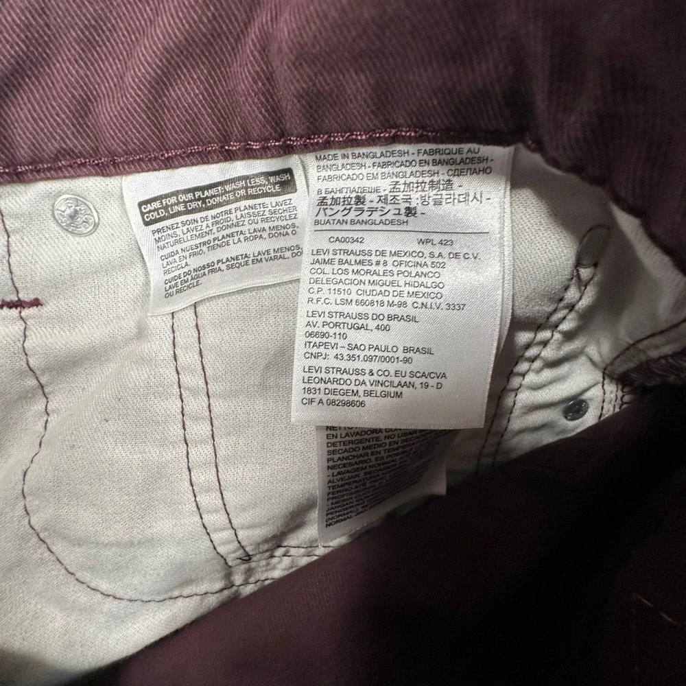 Levis 512 Slim Taper Jeans Mens 36x29 (Fits 36x28) Maroon Burgundy Stretch Twill